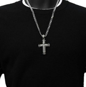 Mens Silver Iced Out Cross Pendant Chain